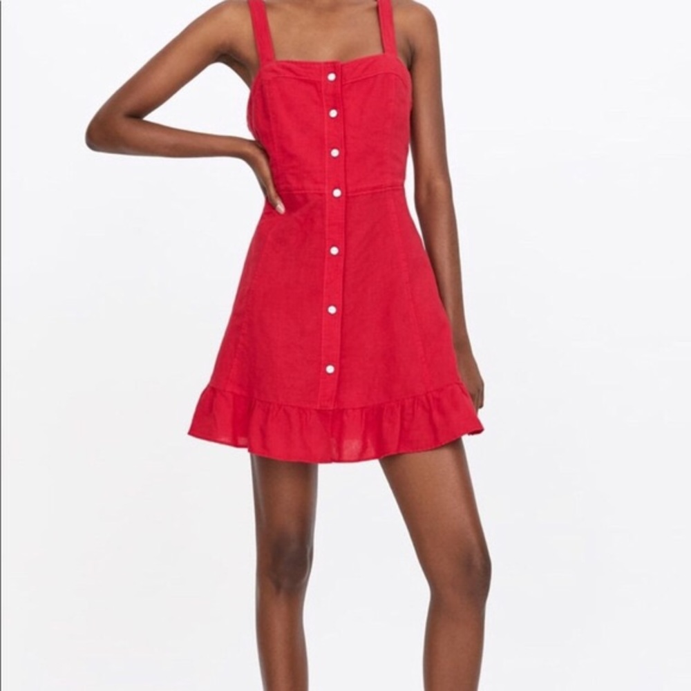 Zara Red Linen Button Down Dress